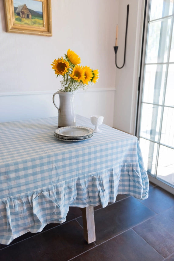 Blue Ruffled Gingham Tablecloth