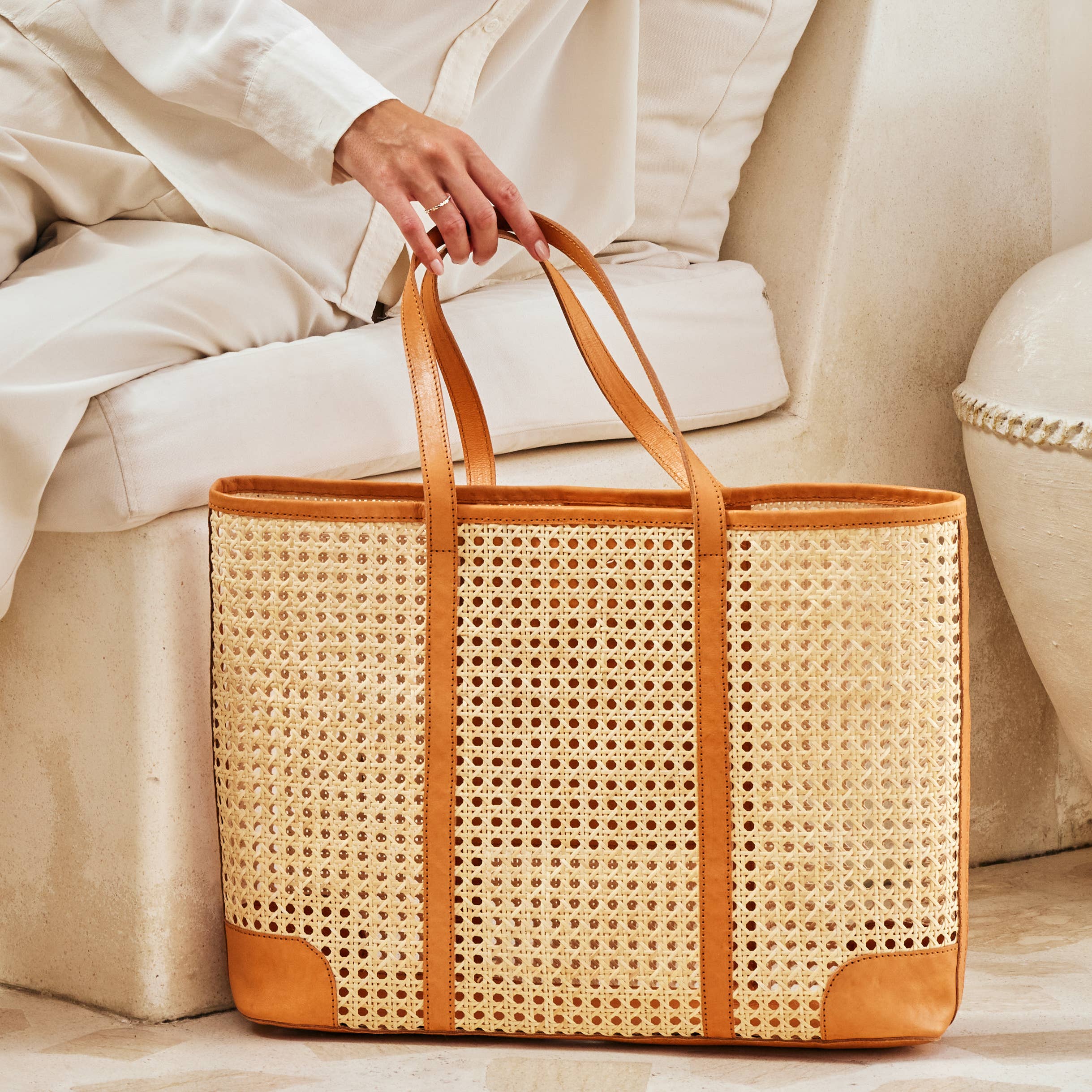 Oversized Rattan Cane Weave Tote Brown Leather
