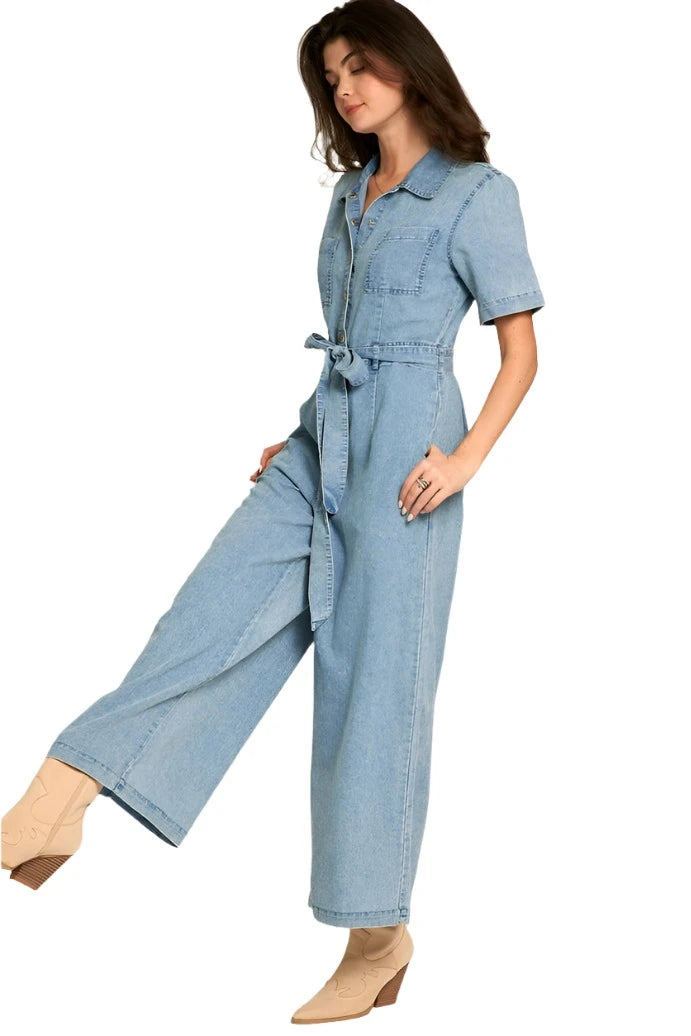 Short Sleeve Denim Tencel Jumpsuit