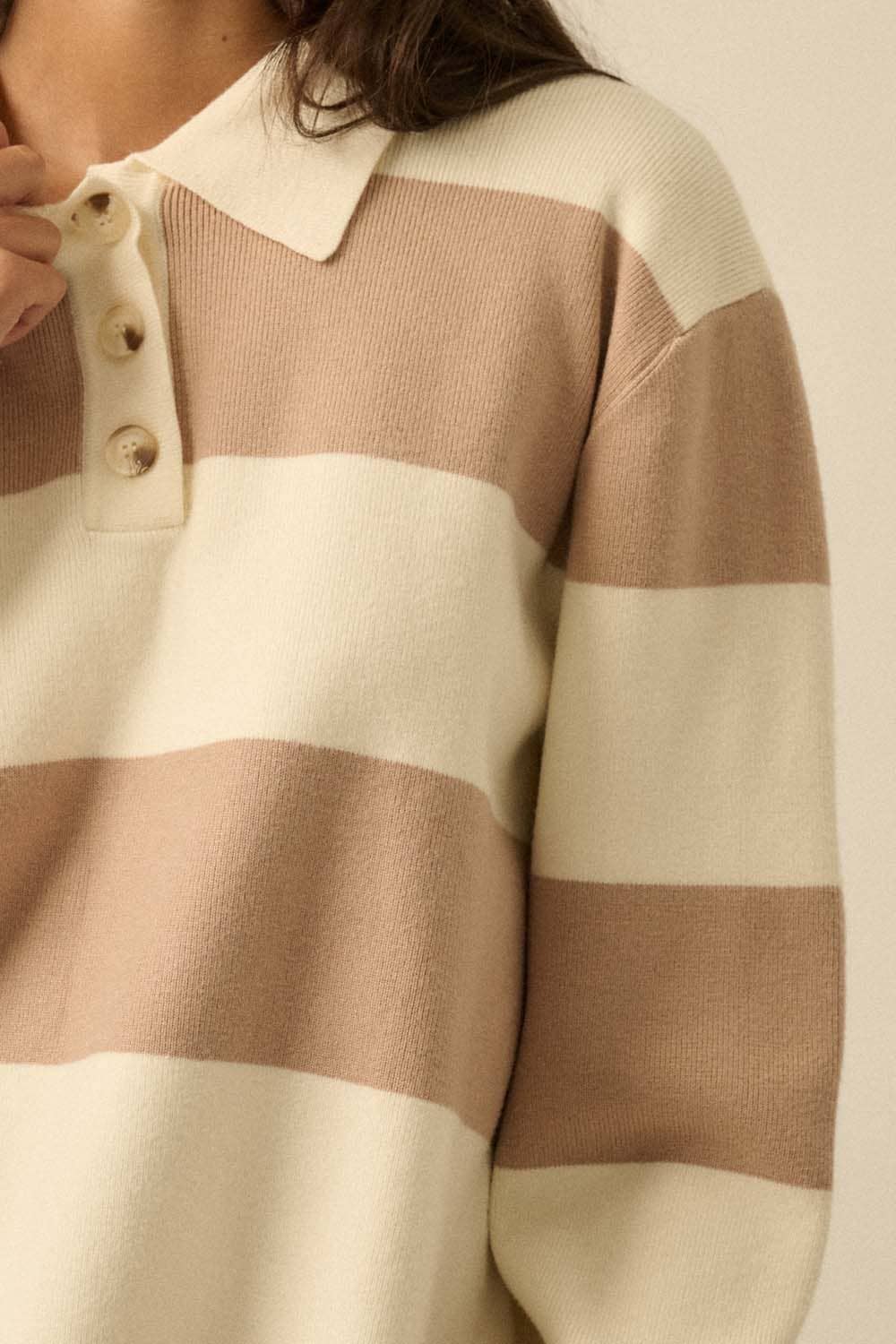 Striped Ribbed Knit Collared Rugby Sweater