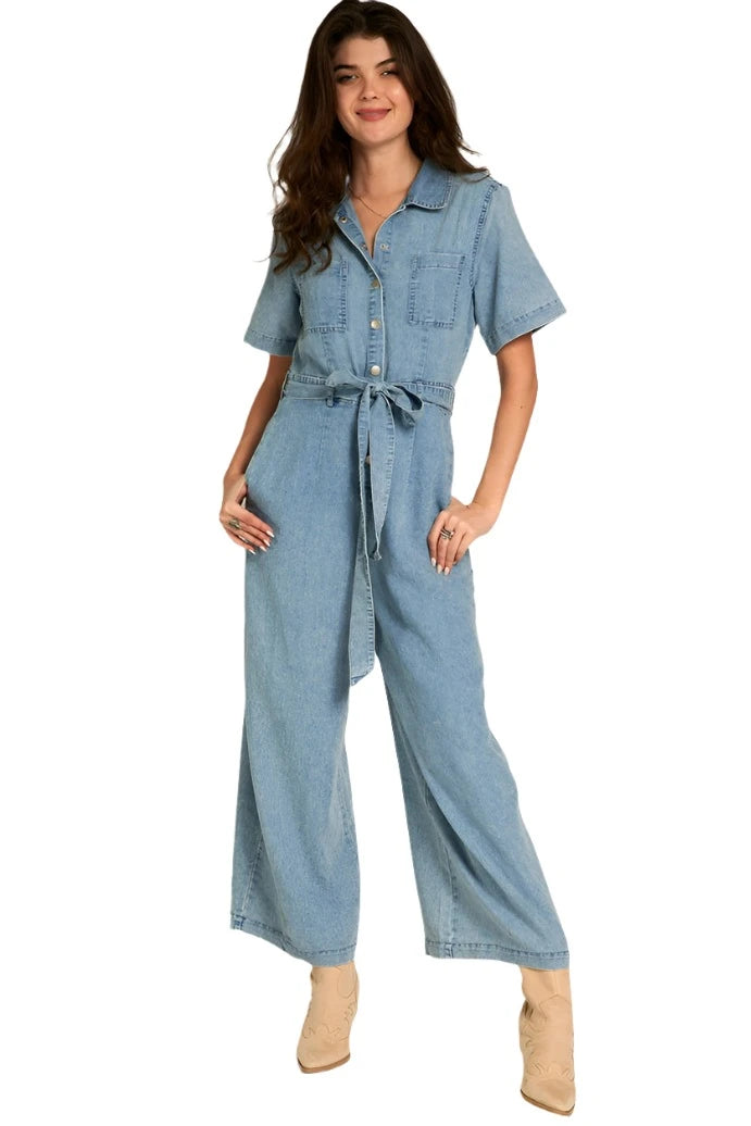 Short Sleeve Denim Tencel Jumpsuit