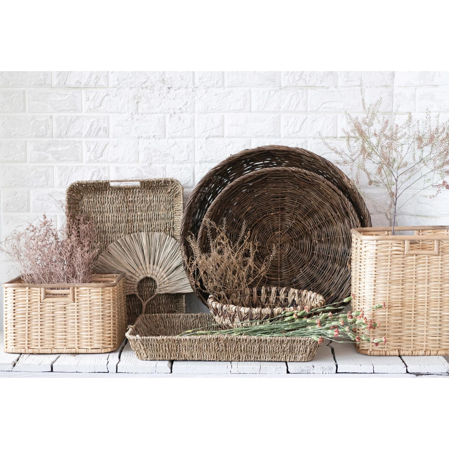 Woven Vine & Metal Baskets, Natural