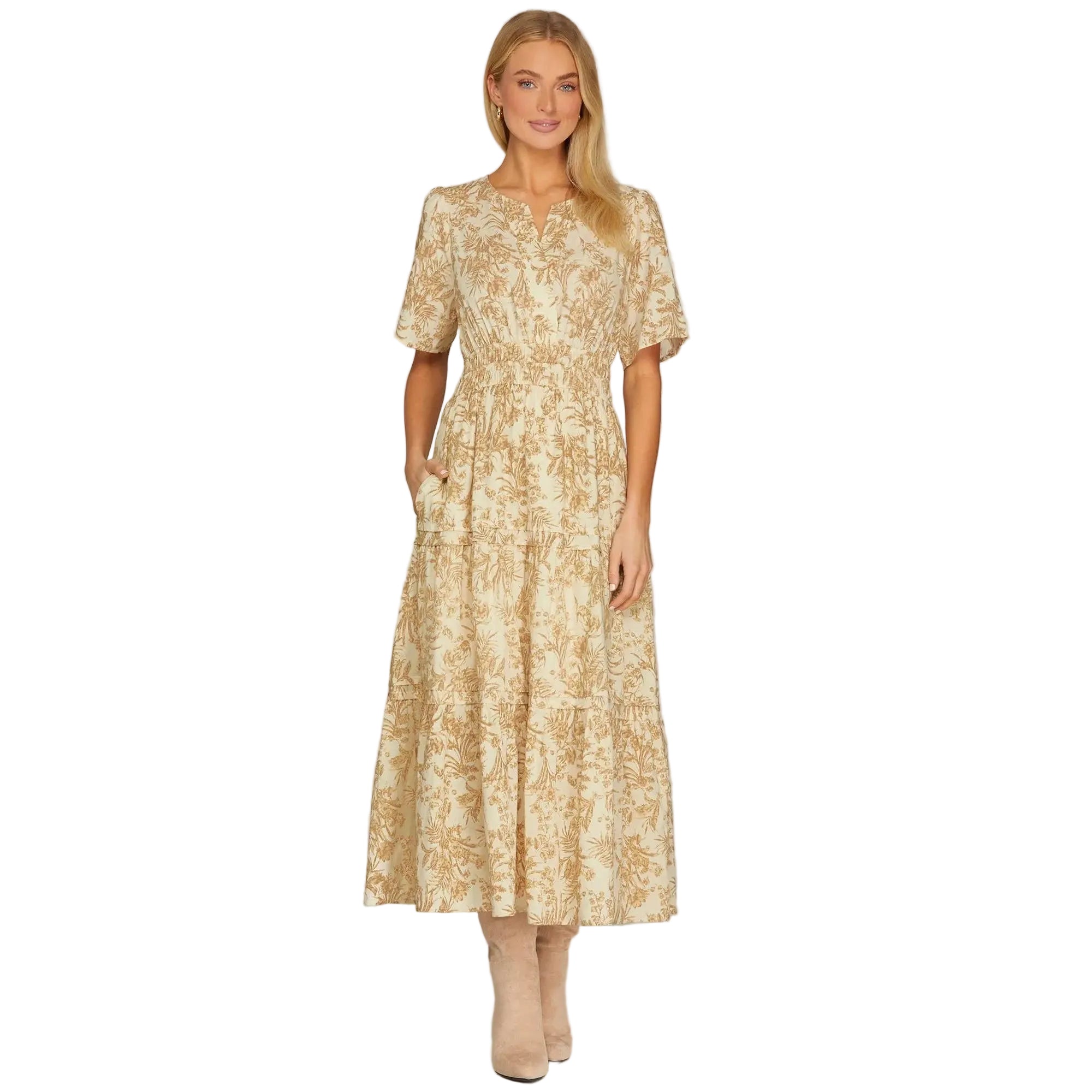 Woven Floral Print Tiered Midi Dress