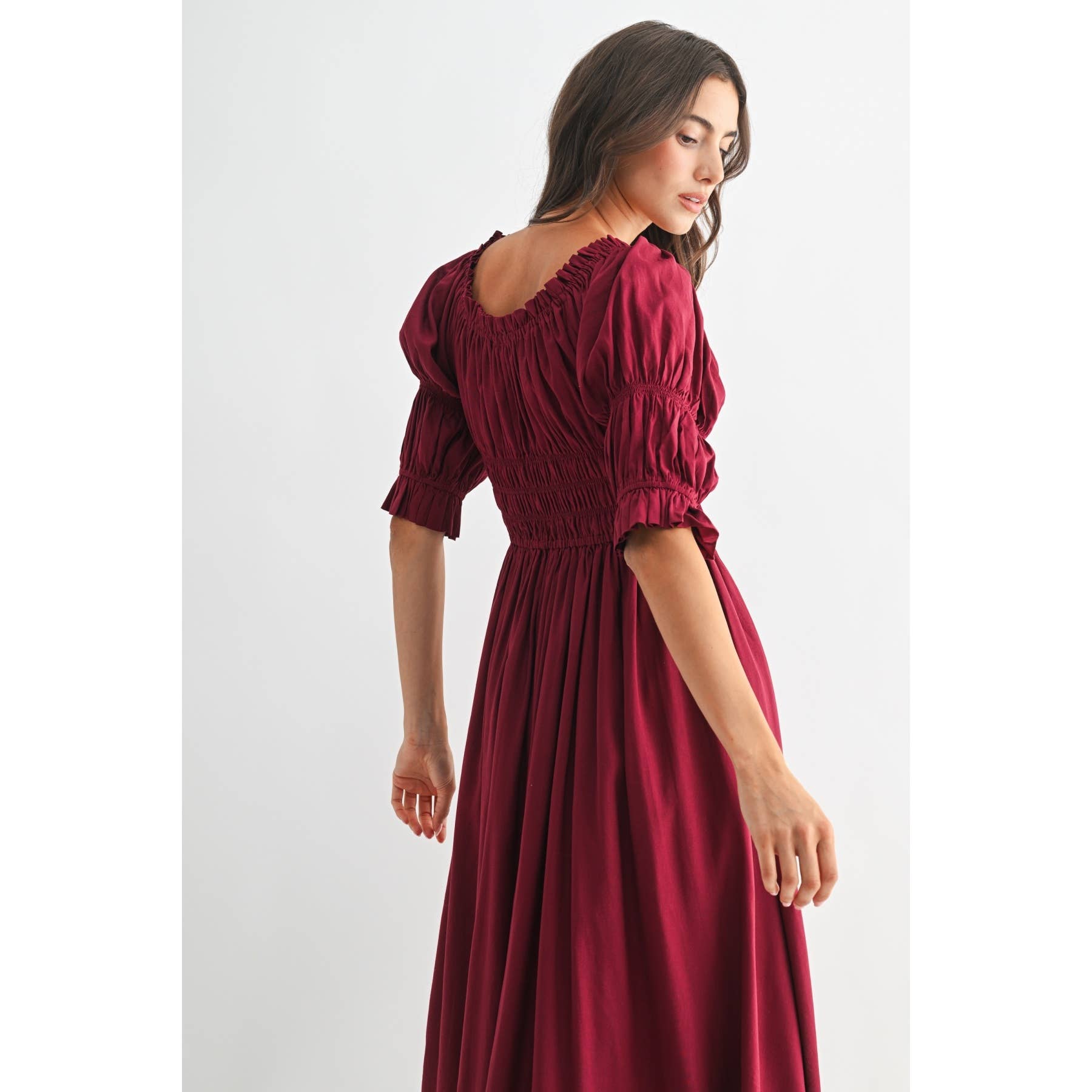 Burgundy Smocked Midi Dress with Pleated Skirt