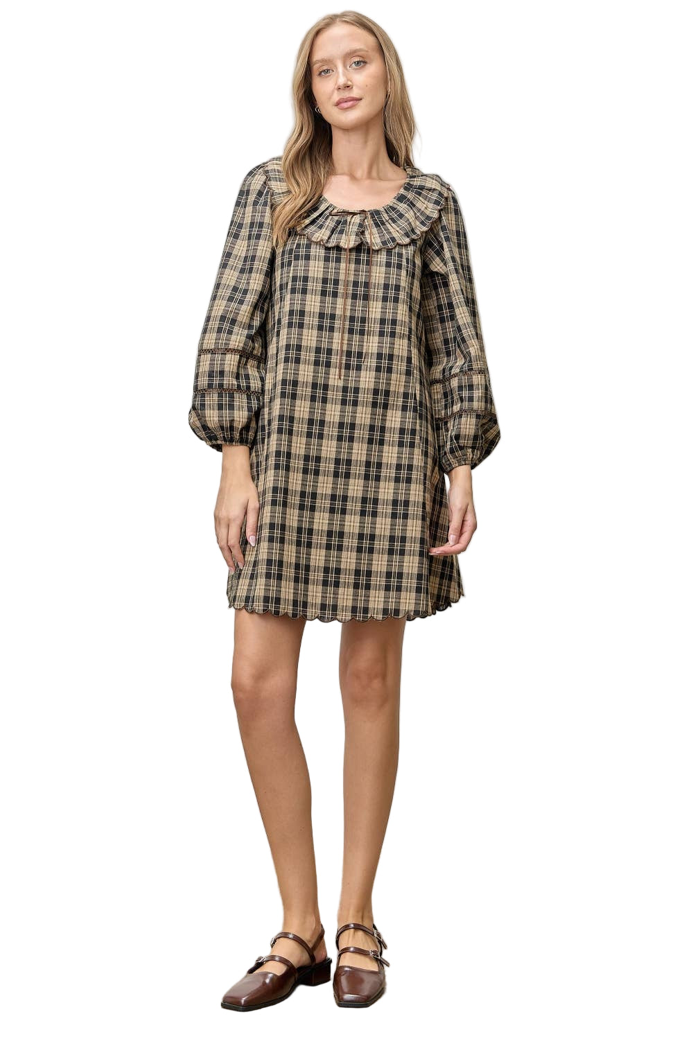 Plaid Scallop Ruffle Edge Mini Dress
