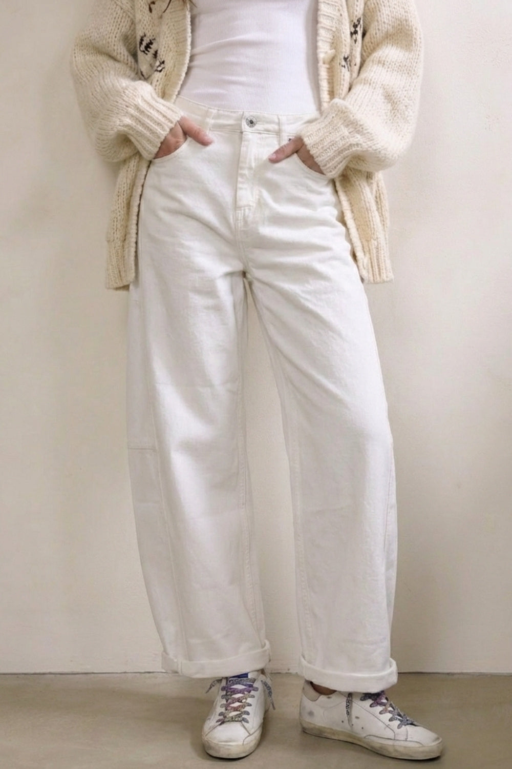 White Casual Barrel Style Pants