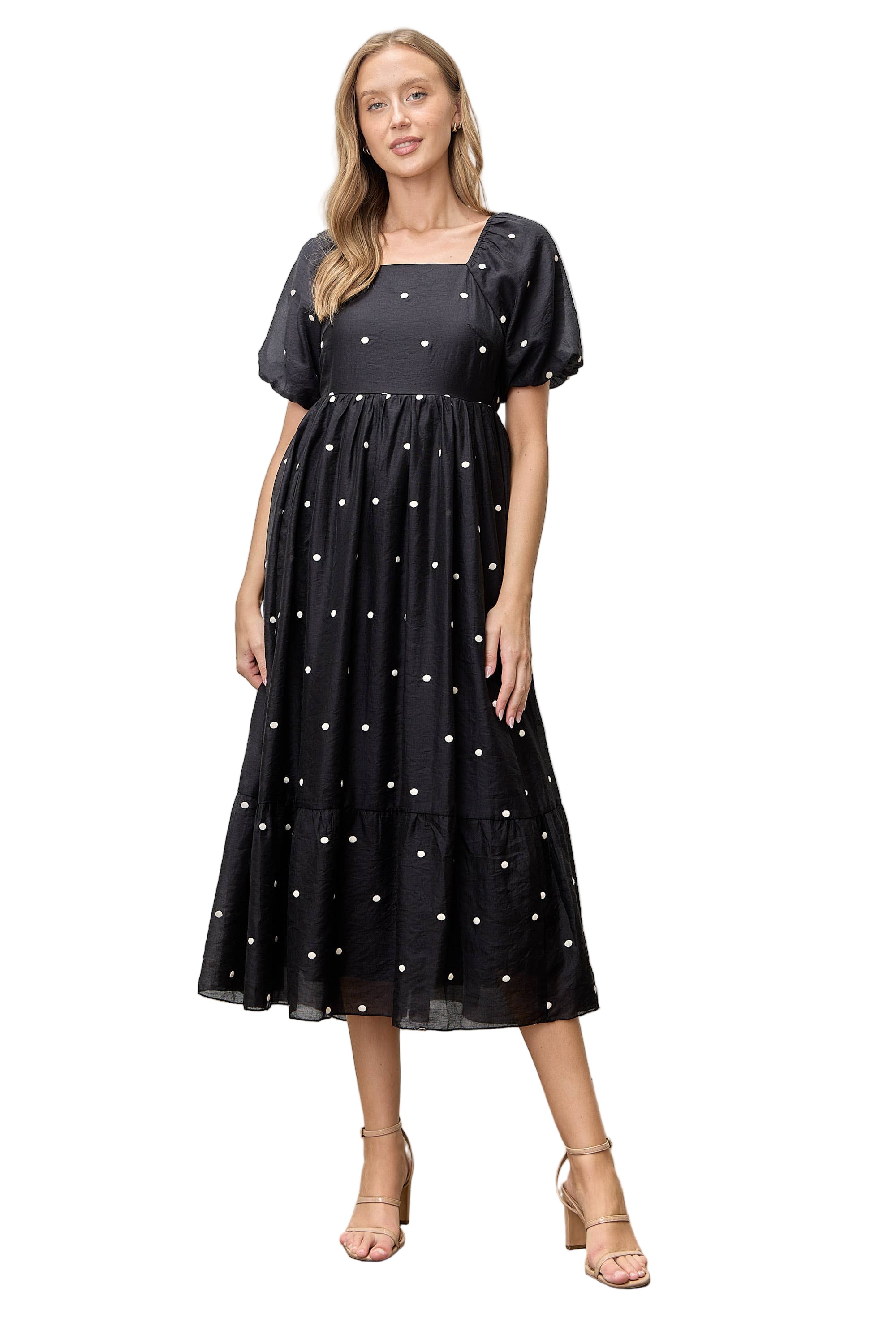 Embroidered Dot Bubble Sleeve Midi Dress