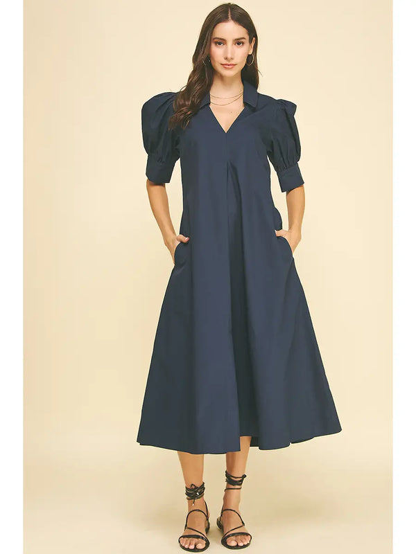 V-Neck Pleated A-Line Dress