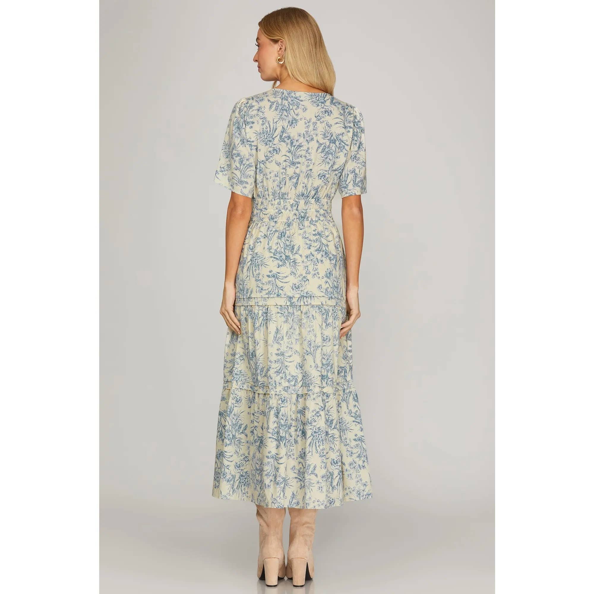 Woven Floral Print Tiered Midi Dress