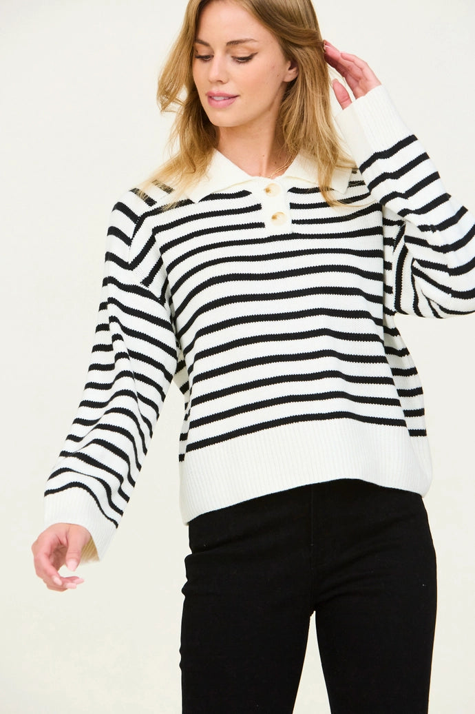 Contrast Stripe Henley Sweater