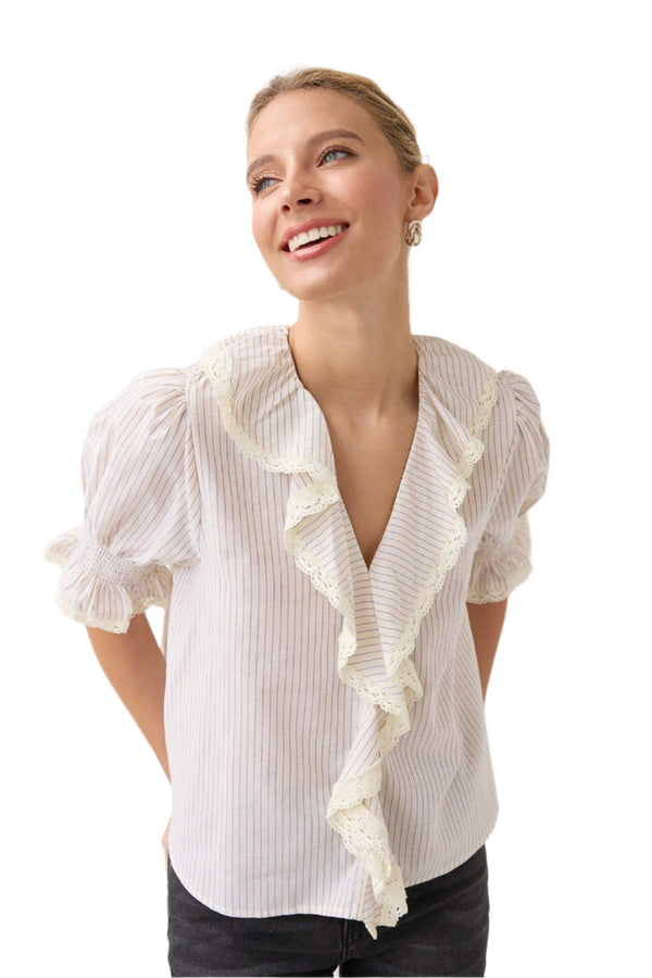Lace Trim Pinstripe Ruffle Blouse