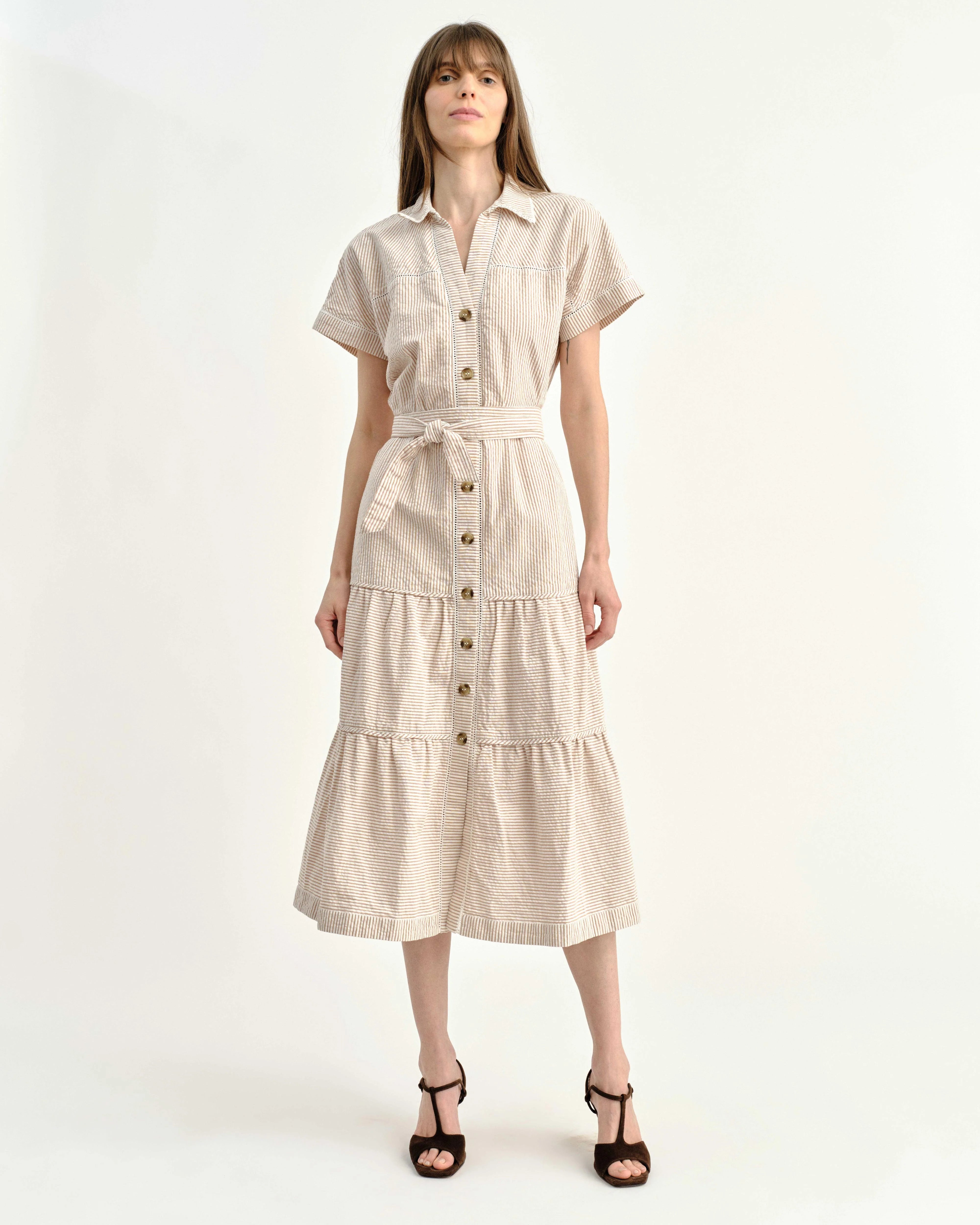 Adriana Camel Stripe Shirt Dress