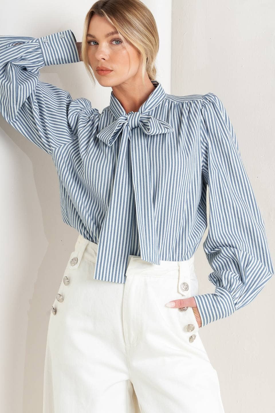 Striped Tie Long Sleeve Blouse