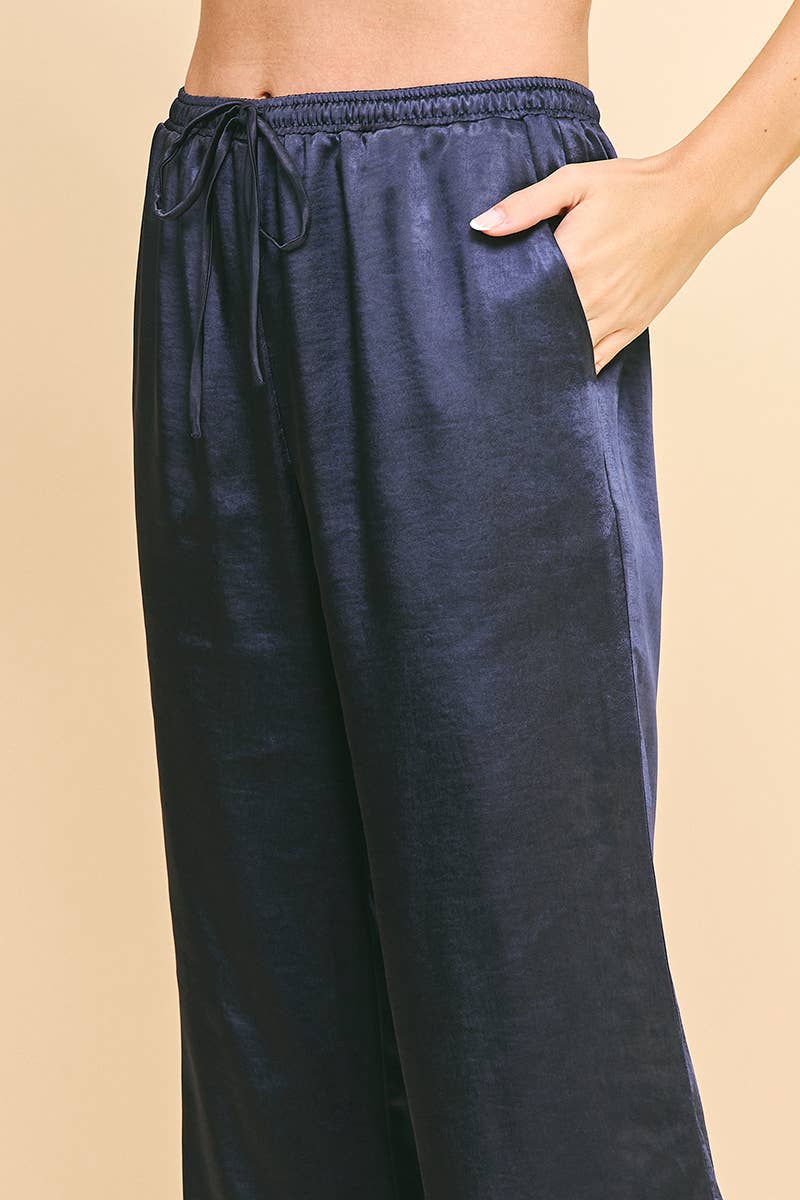 Satin Straight Pants Deep Navy