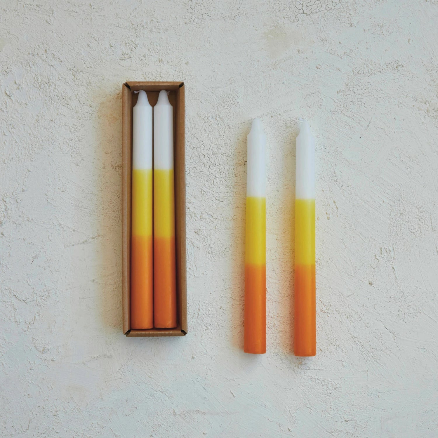 Unscented Taper Candles in Box, White, Yellow & Orange Color, Set of 2