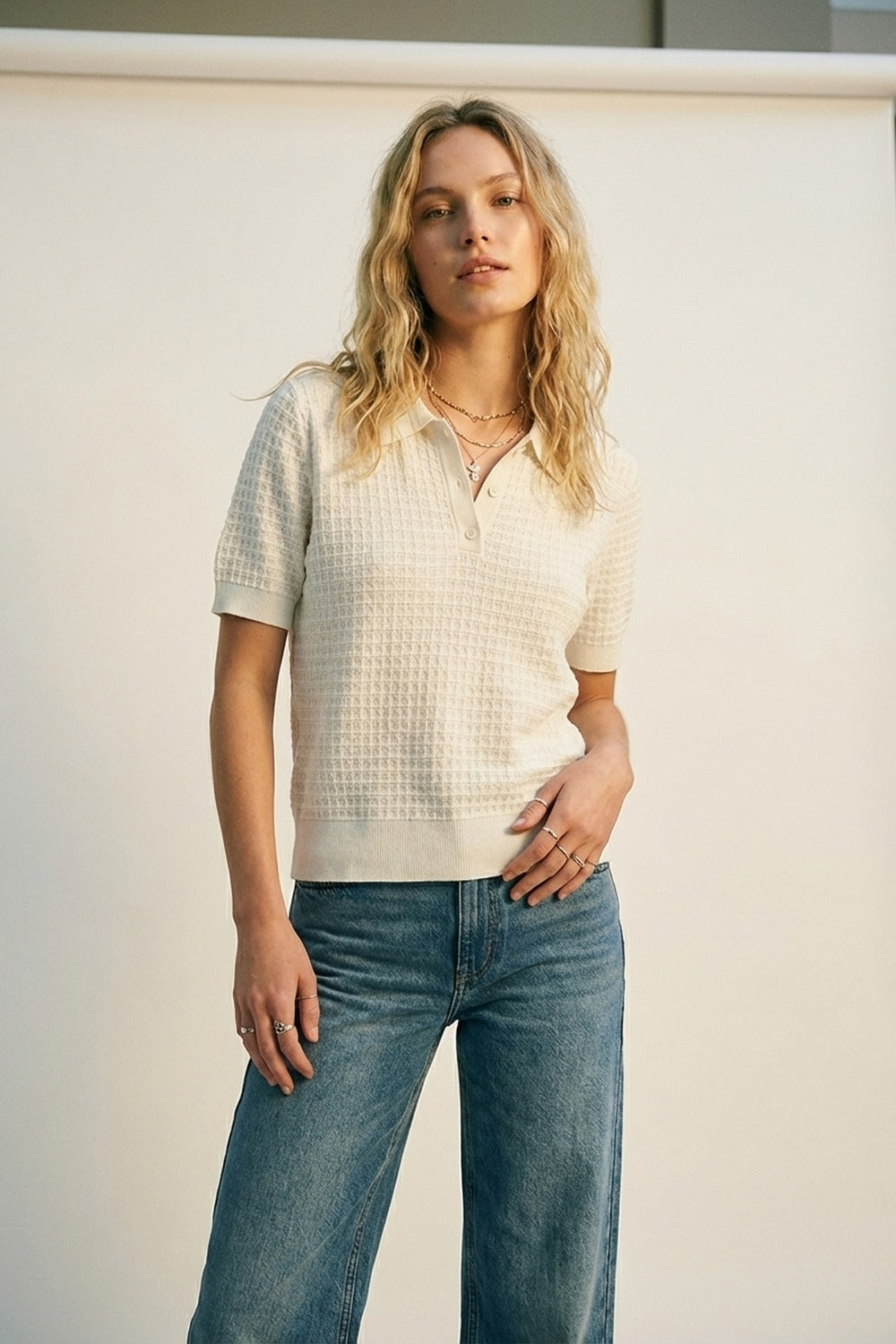 Cream Textured Knit Short Sleeve Polo Shirt