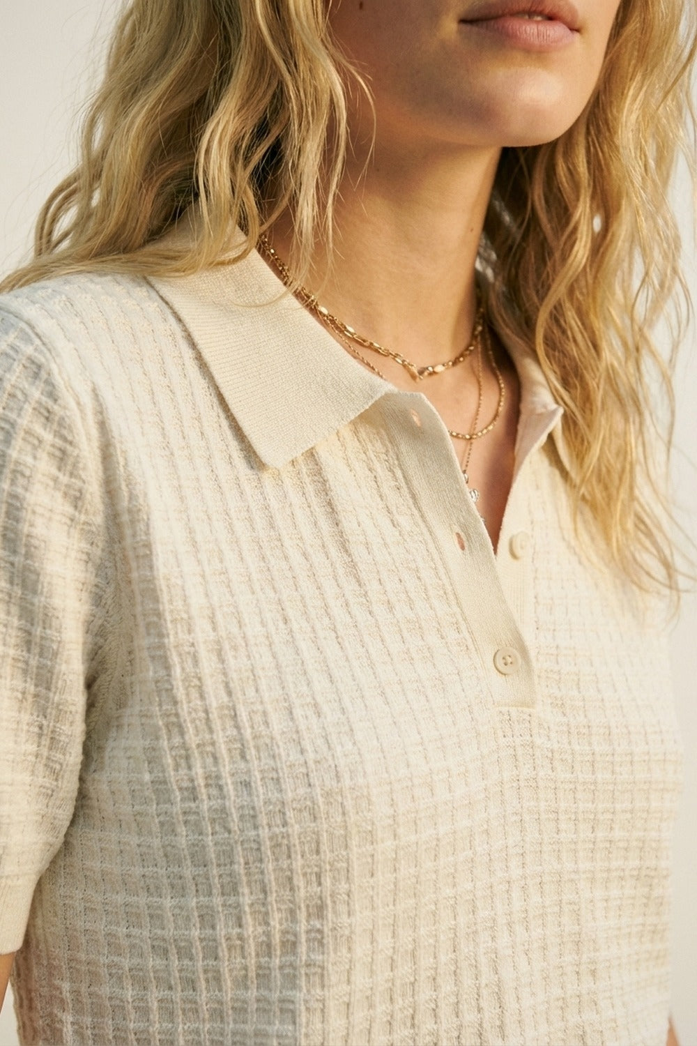 Cream Textured Knit Short Sleeve Polo Shirt