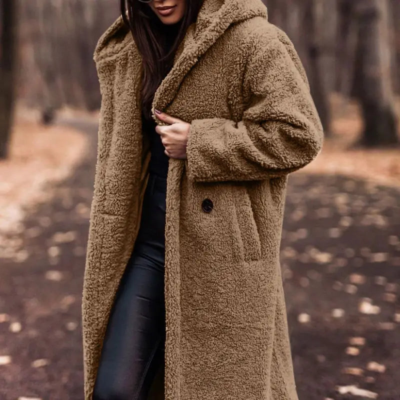 Camel Fleece Hooded Coat