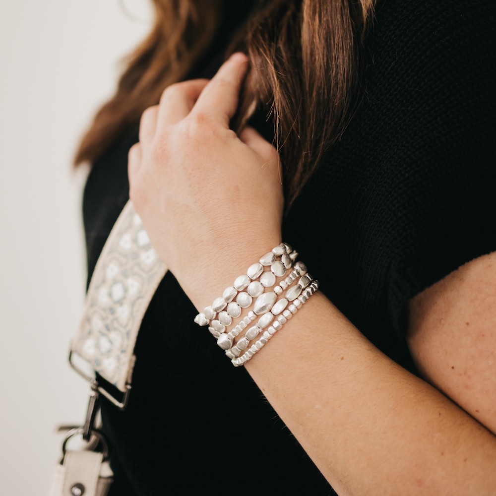 Metallic Love Multi Strand Bracelet Stack Silver