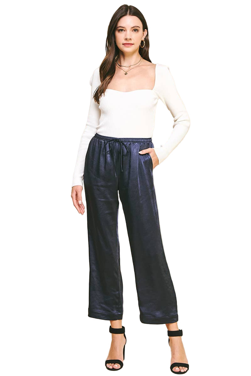 Satin Straight Pants Deep Navy