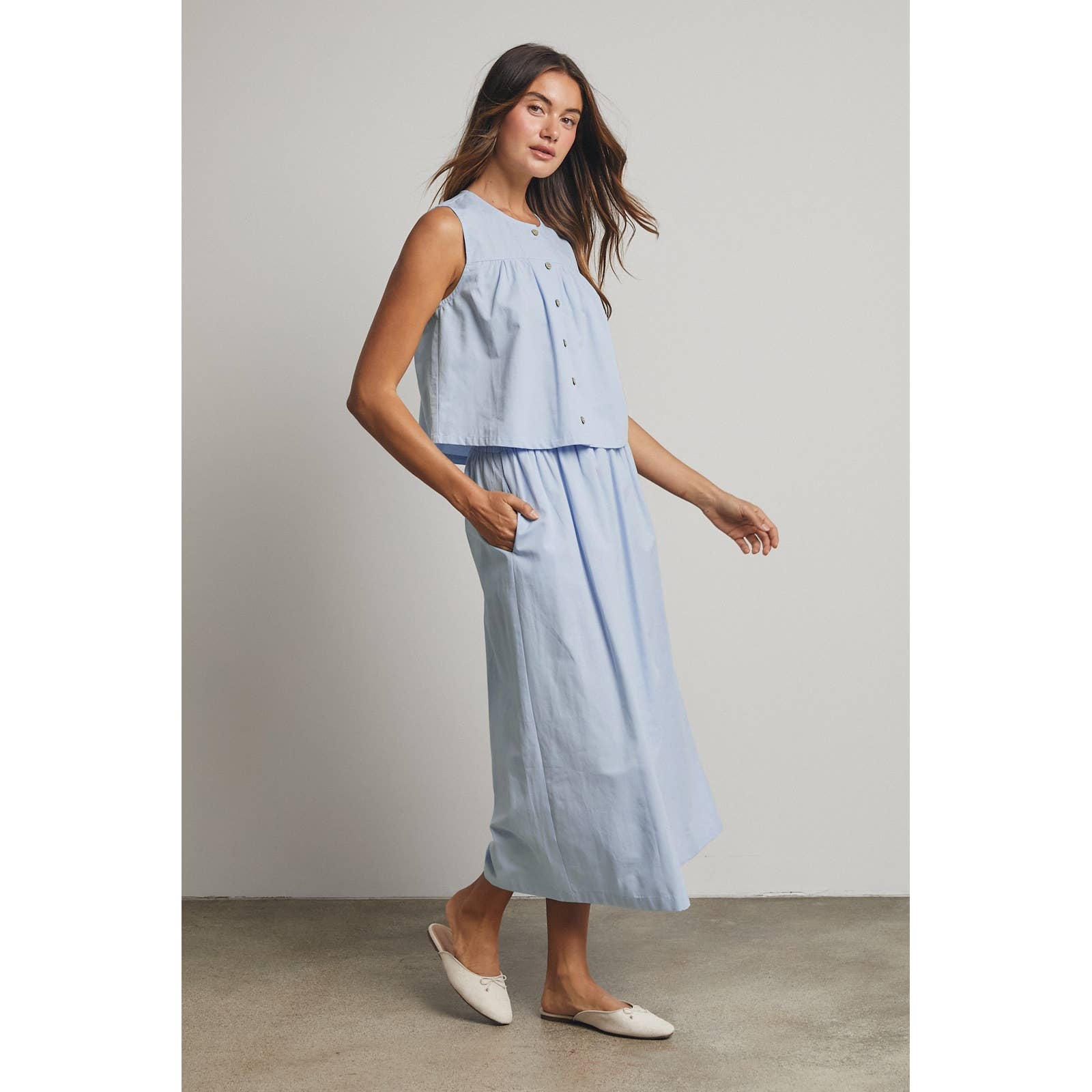 Cotton Button-Up Sky Tank Top and Skirt Set