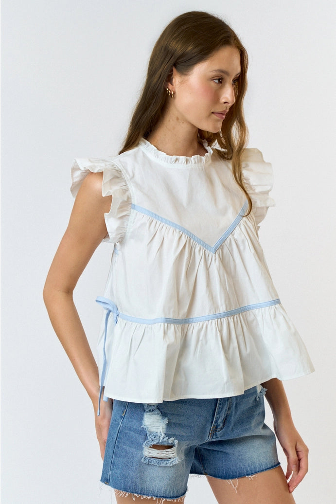 Ruffled High Neck Contrast Side Tie Detail Top