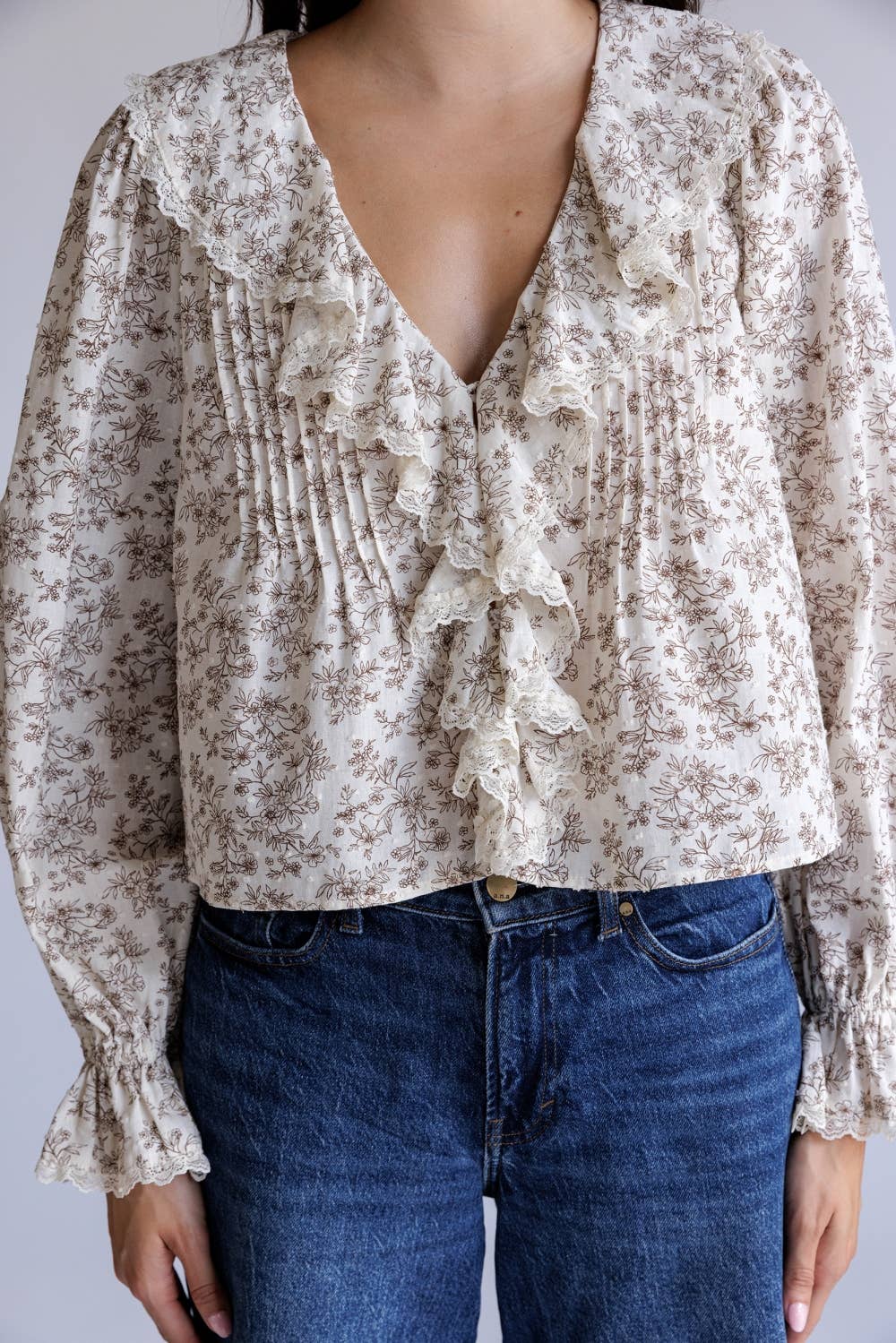Ruffle Trim Floral Lace Blouse