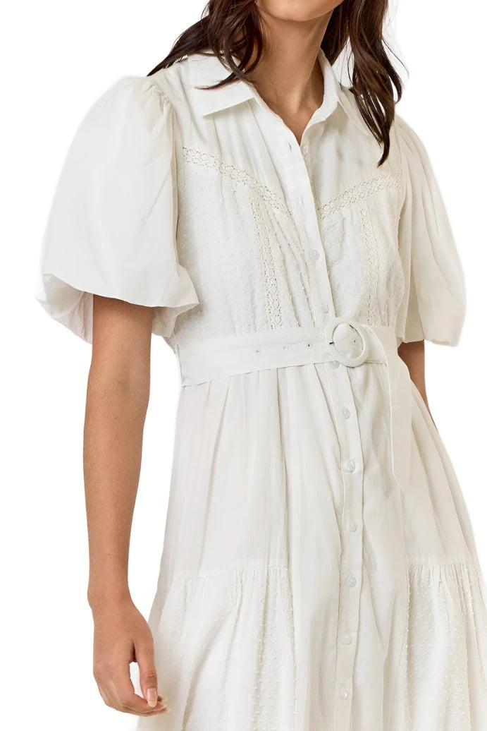 Cotton Eyelet Belted Swiss Dot Shirts Midi Dress