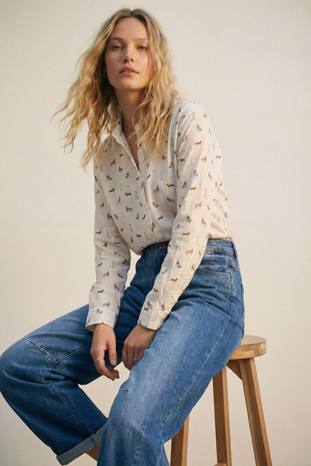 White Dog Print Pattern Button-Up Shirt