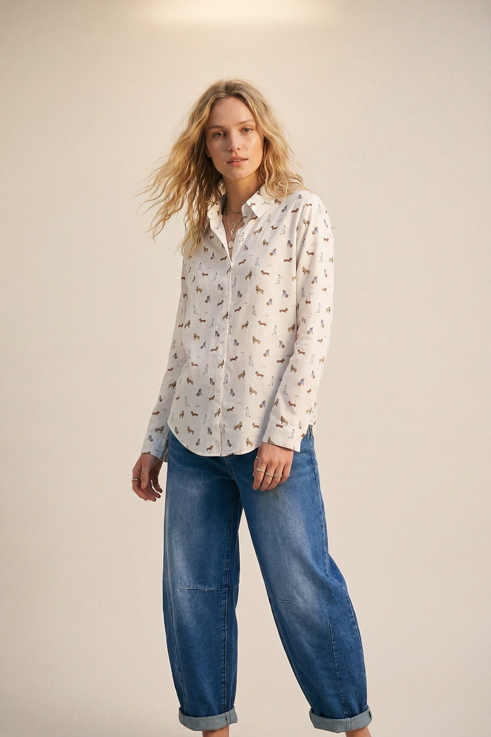 White Dog Print Pattern Button-Up Shirt