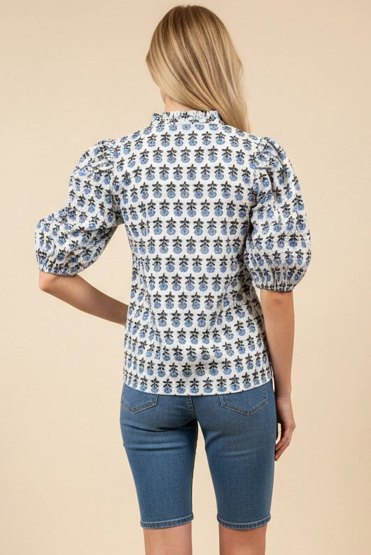 Blue Floral Puff Sleeve Collared Blouse