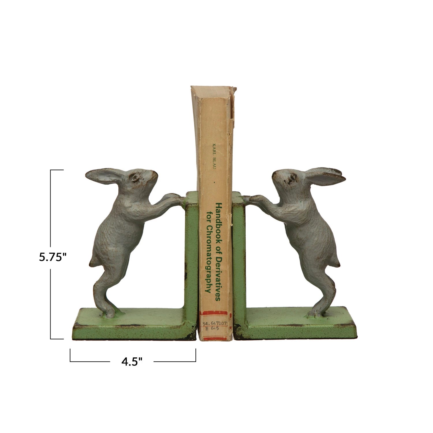 Cast Iron Rabbit Bookends, Distressed Finish, Green & Grey, Set of 2