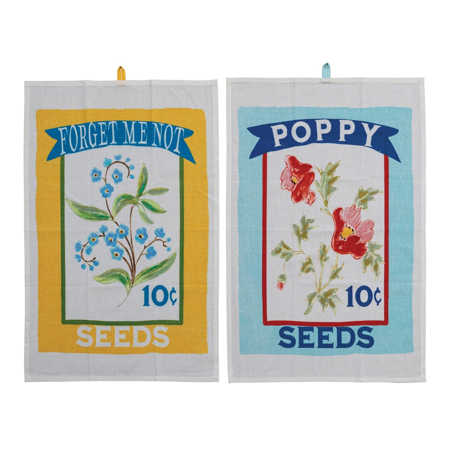 Cotton Printed Tea Towels w/ Loop Multi Color, Set of 2 in Printed Drawstring Bag