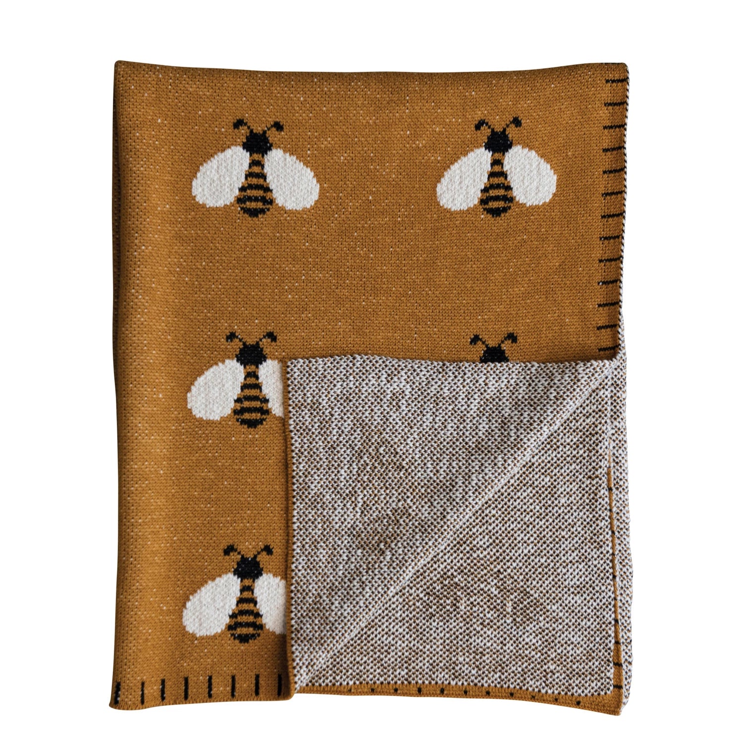 Cotton Knit Baby Blanket w/ Bees & Blanket Stitch, Multi Color