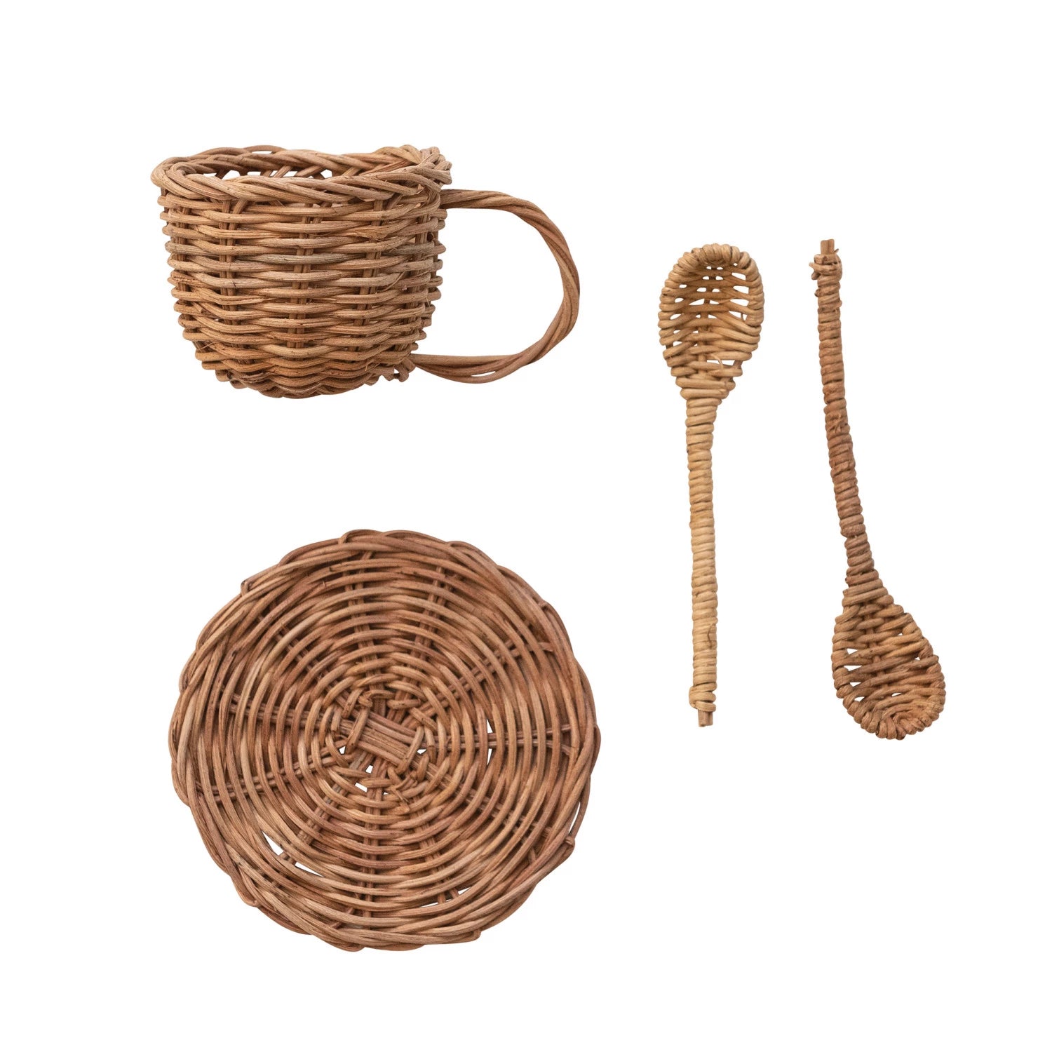 Woven Rattan Toy Tea Set, Set of 7 in Bag (1 Pot, 2 Cups, 2 Spoons & 2 Saucers)
