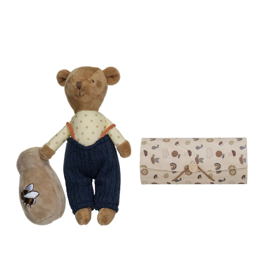 Plush Bear in Overalls w/ Honey Pot in Printed Wood Gift Box