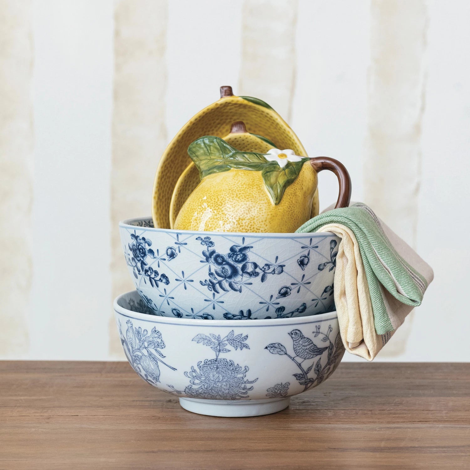 Porcelain Bowl w/ Botanicals, Crackle Glaze