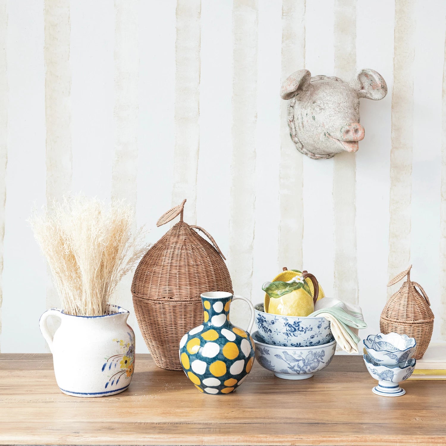 Hand-Stamped Stoneware Footed Bowl w/ Botanicals & Scalloped Edge