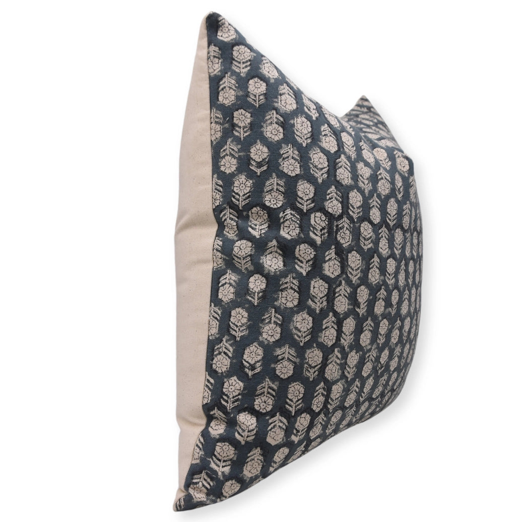 Hand Block Print Cotton Cushion Cover - Tulsi Buti Duck Canvas, One Side Print