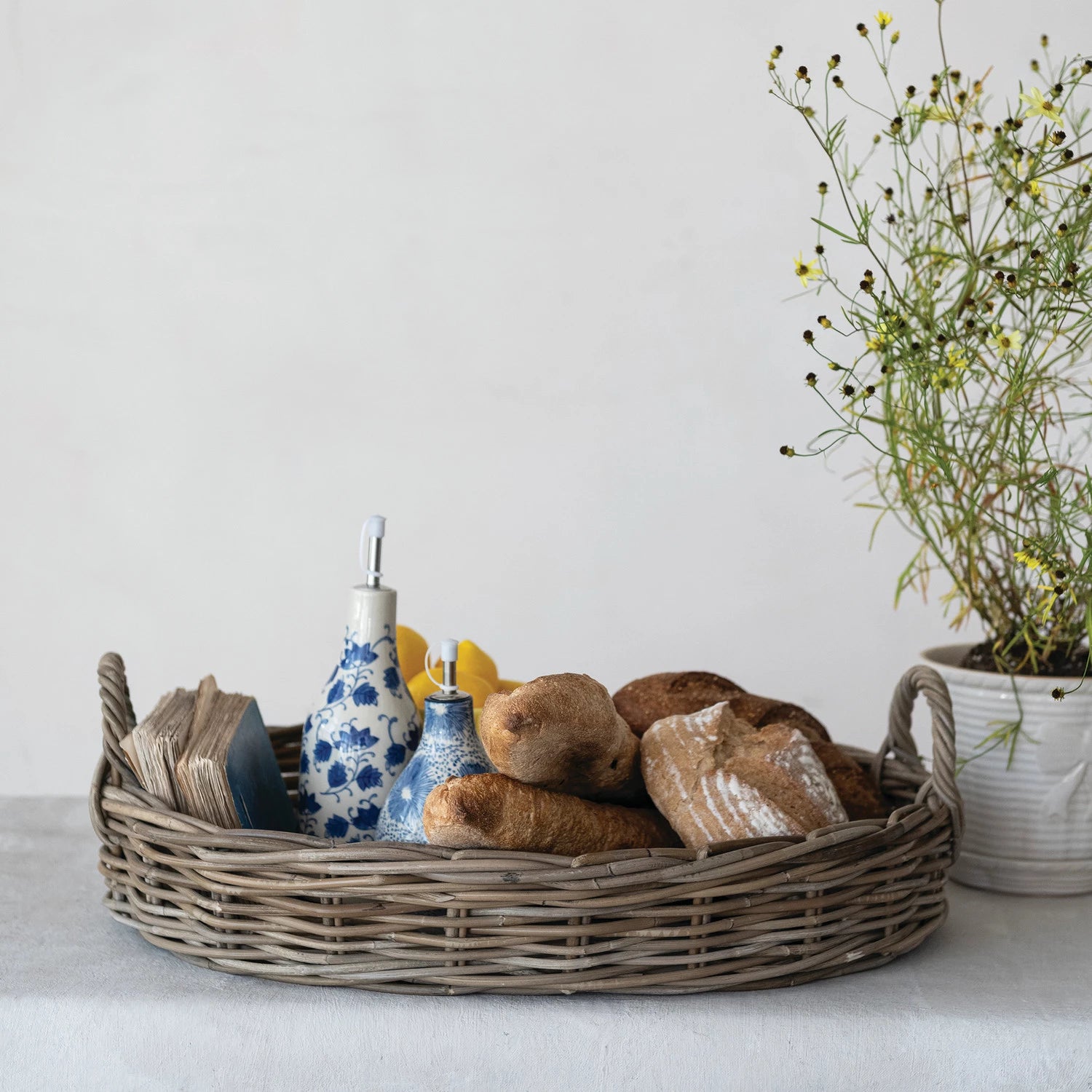 Hand-Woven Grey Washed Rattan Tray