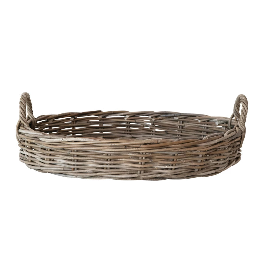 Hand-Woven Grey Washed Rattan Tray