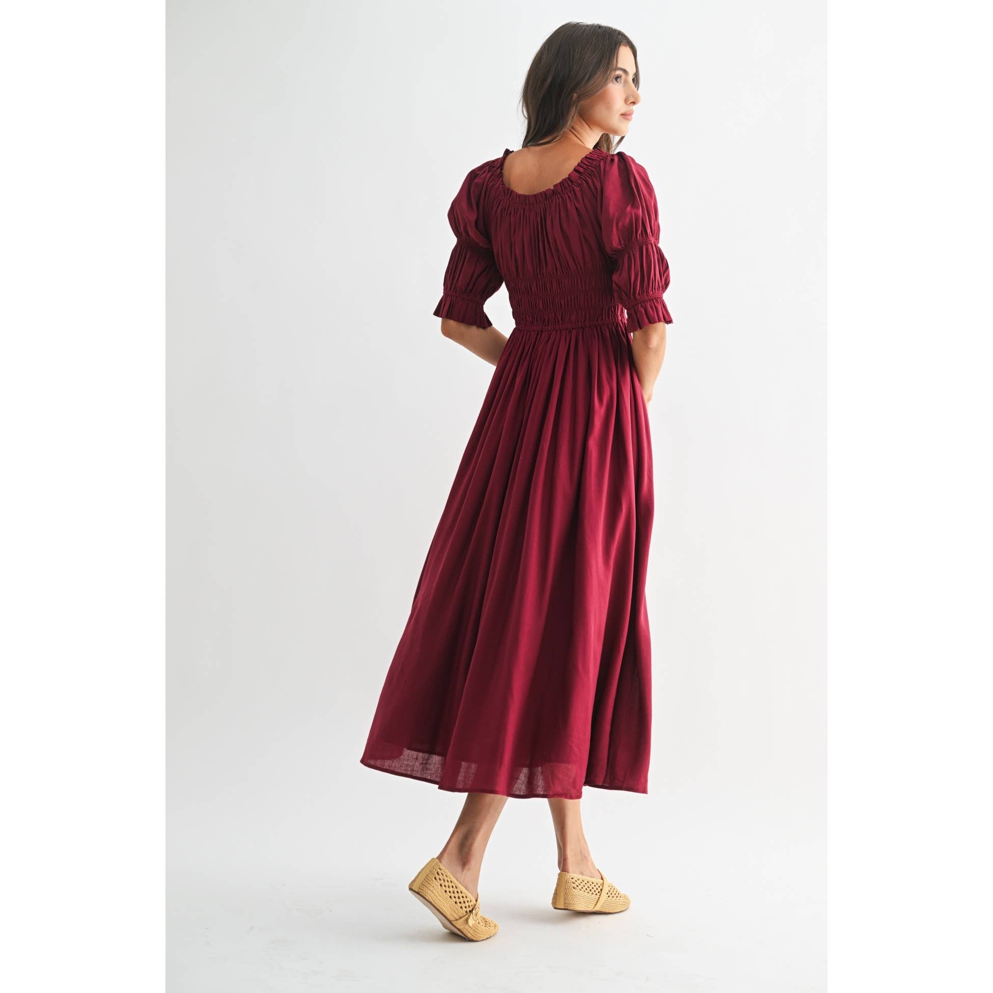 Burgundy Smocked Midi Dress with Pleated Skirt