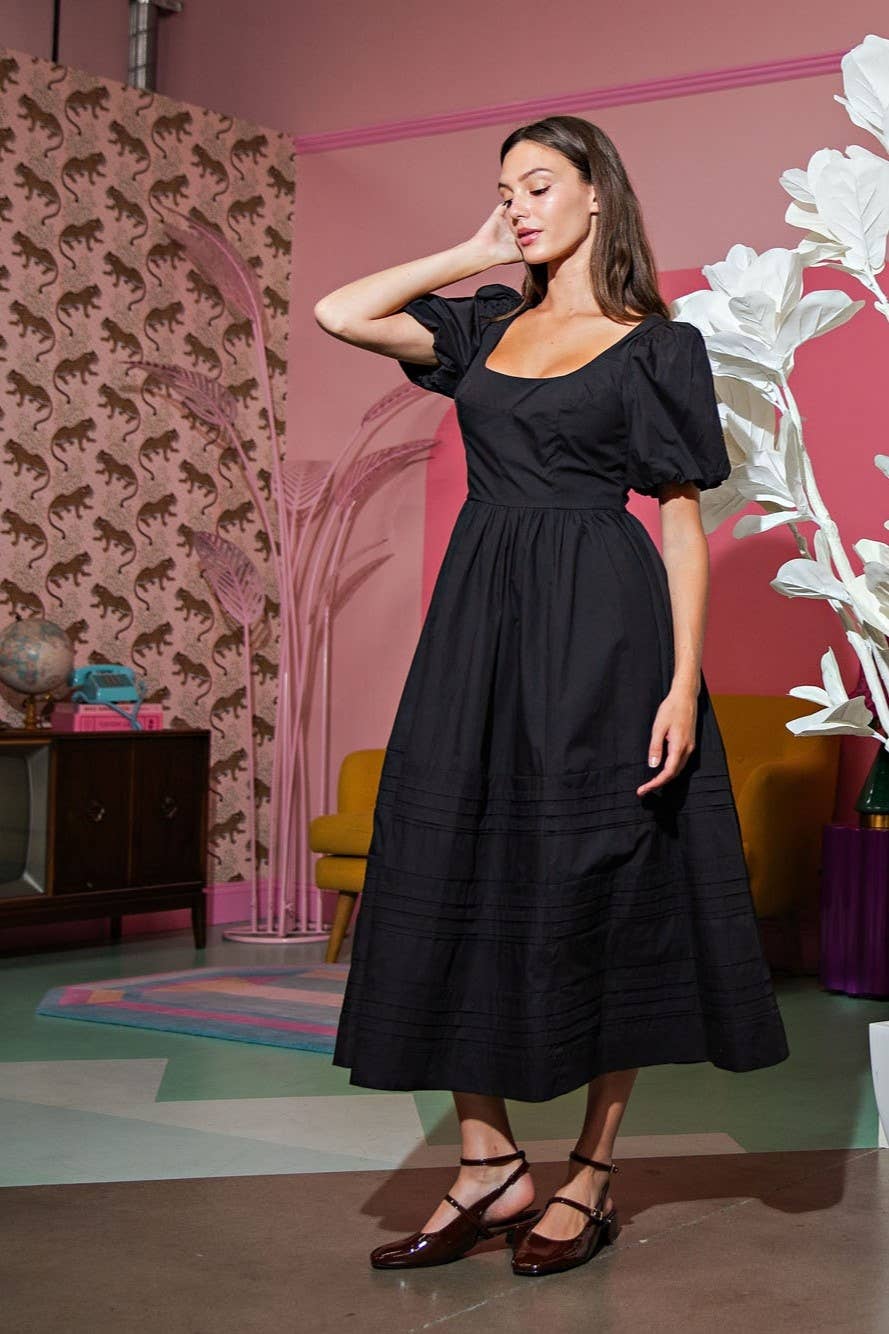 Cotton Poplin Puff Sleeve Midi Dress Black