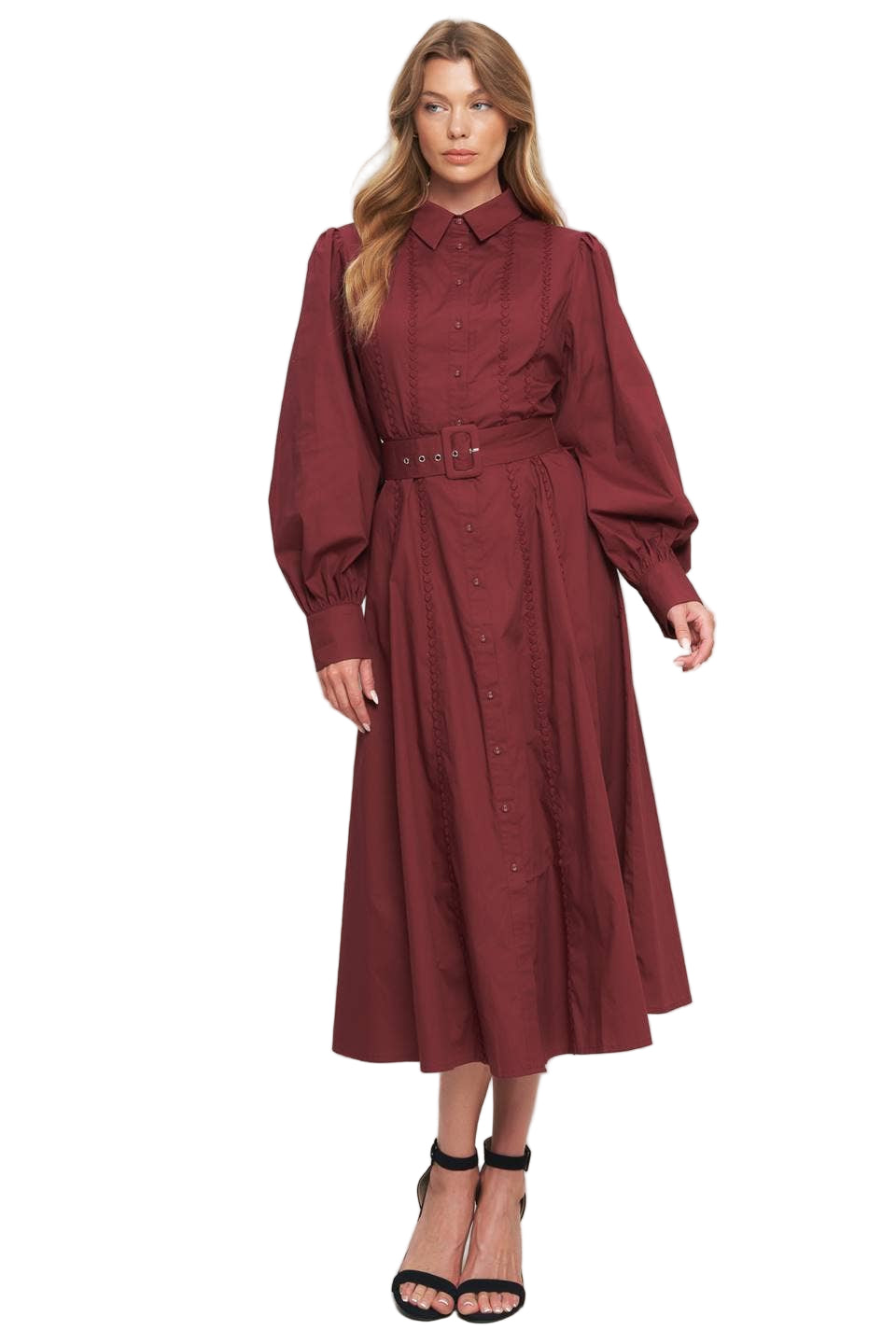 Solid Woven Burgundy Midi Dress