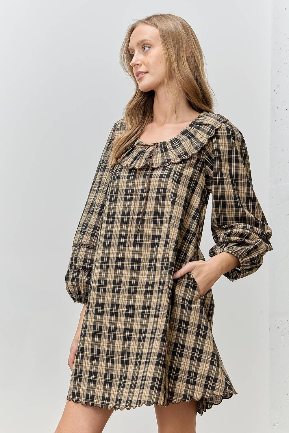 Plaid Scallop Ruffle Edge Mini Dress