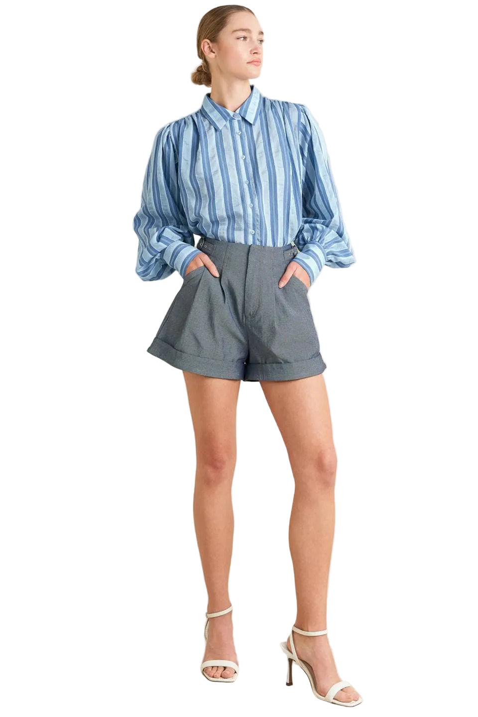 Blue Striped Balloon Sleeve Blouse