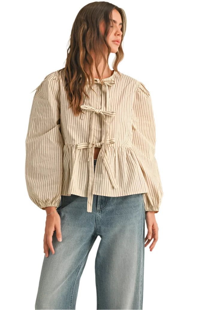 Striped Woven Blouse with Tie Front