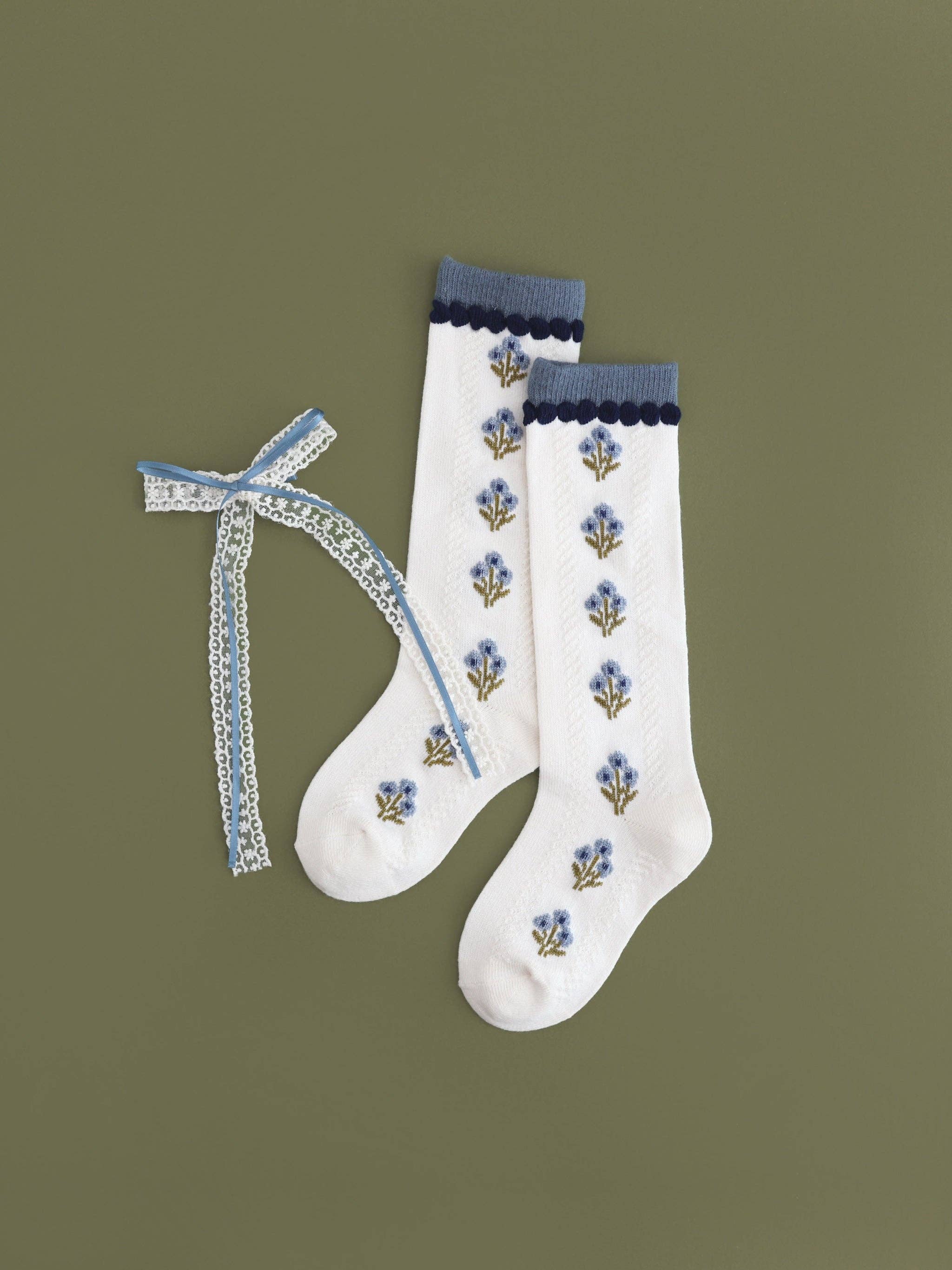Ivory & Denim Floral Knee High Socks