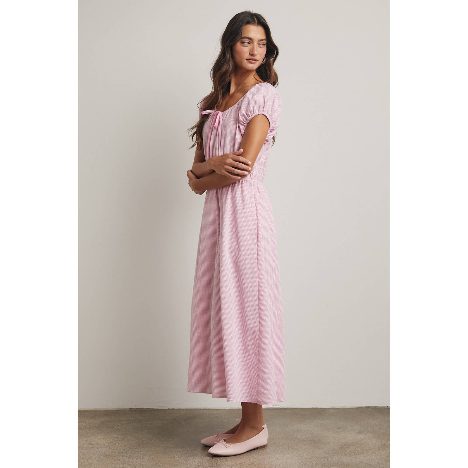 Pink and White Gingham Midi Dress