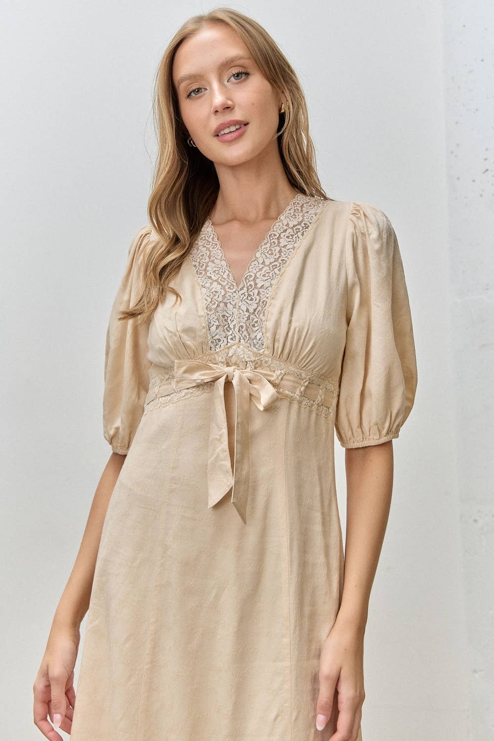 Jacquard Woven Lace Trim Tie Midi Dress Beige